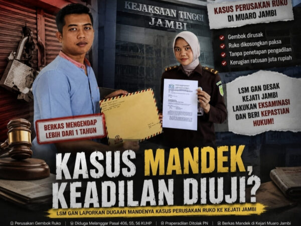 Mengendap di Kejari? LSM GAN Laporkan Kasus Perusakan Ruko Muaro Jambi Ke Kejati